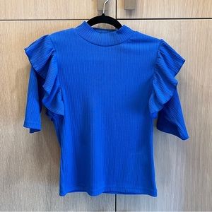 Ribbed Cobalt Top with Ruffled Sleeves